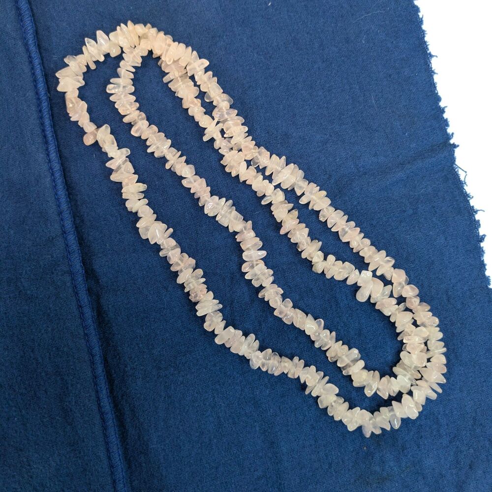 Avon Rose Quartz Polished Raw Chip Nugget Long Necklace 35" Pale Pink Vintage